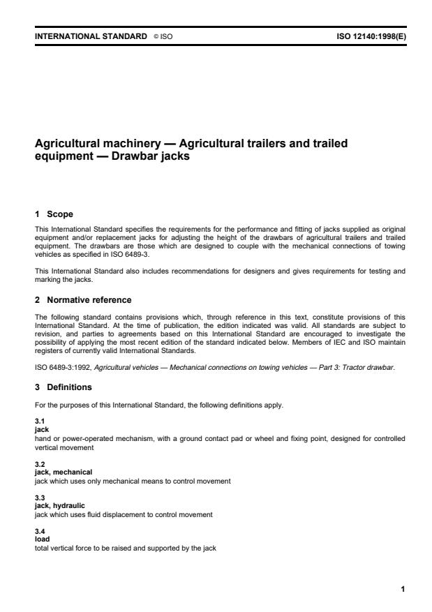 ISO 12140:1998 - Agricultural machinery -- Agricultural trailers and trailed equipment -- Drawbar jacks