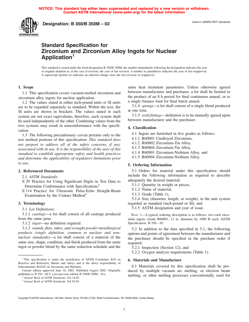 ASTM B350/B350M-02 - Standard Specification for Zirconium and Zirconium Alloy Ingots for Nuclear Application