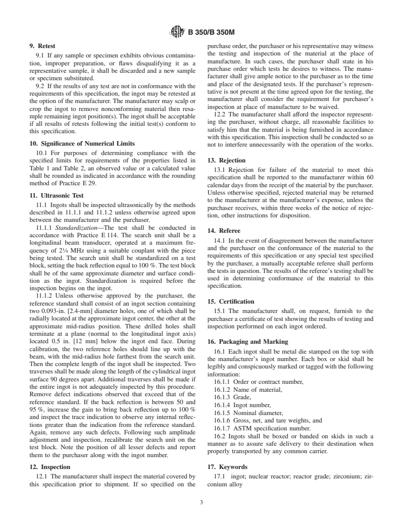 ASTM B350/B350M-02 - Standard Specification for Zirconium and Zirconium Alloy Ingots for Nuclear Application