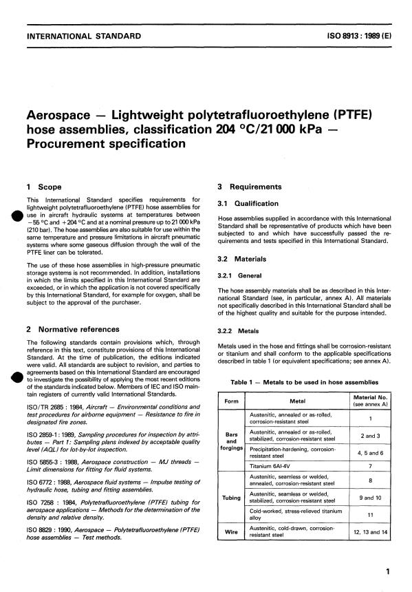 ISO 8913:1989 - Aerospace -- Lightweight polytetrafluoroethylene (PTFE) hose assemblies, classification 204 degrees C/21 000 kPa -- Procurement specification