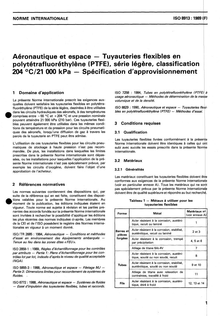 ISO 8913:1989 - Aerospace — Lightweight polytetrafluoroethylene (PTFE) hose assemblies, classification 204 degrees C/21 000 kPa — Procurement specification
Released:12/7/1989