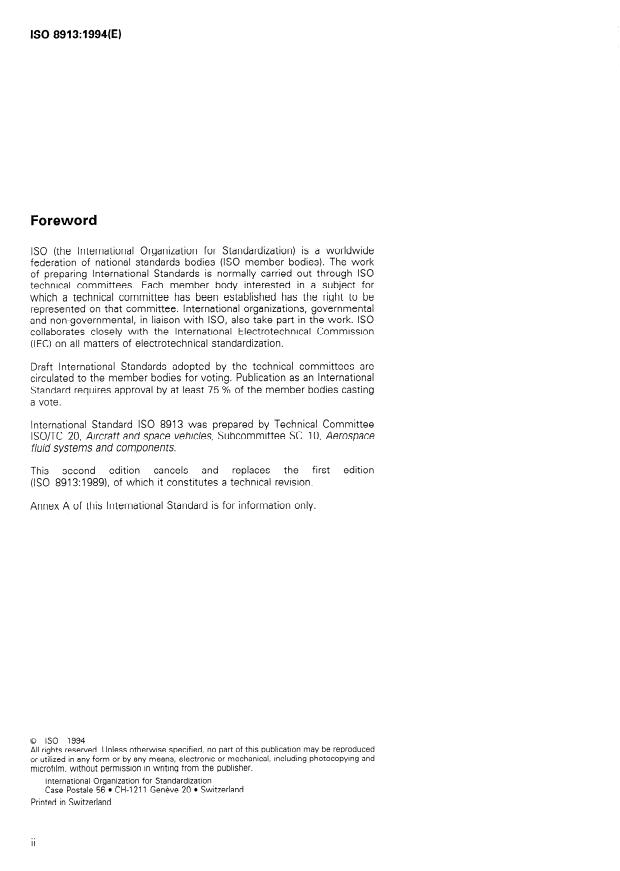 ISO 8913:1994 ISO 8913:1994 - Aerospace -- Lightweight polytetrafluoroethylene (PTFE) hose assemblies, classification 204 degrees C/21 000 kPa -- Procurement specification - Page 2 preview
