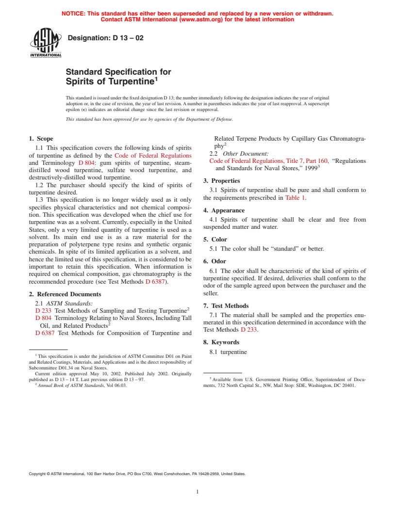 ASTM D13-02 - Standard Specification for Spirits of Turpentine (Withdrawn 2007)
