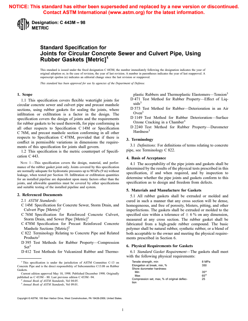 ASTM C443M-98 - Standard Specification for Joints for Circular Concrete Sewer and Culvert Pipe, Using Rubber Gaskets (Metric)