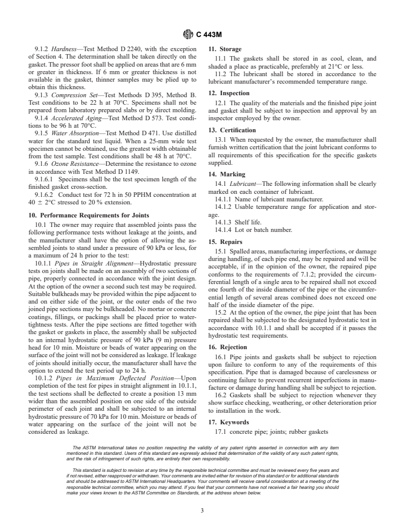 ASTM C443M-98 - Standard Specification for Joints for Circular Concrete Sewer and Culvert Pipe, Using Rubber Gaskets (Metric)