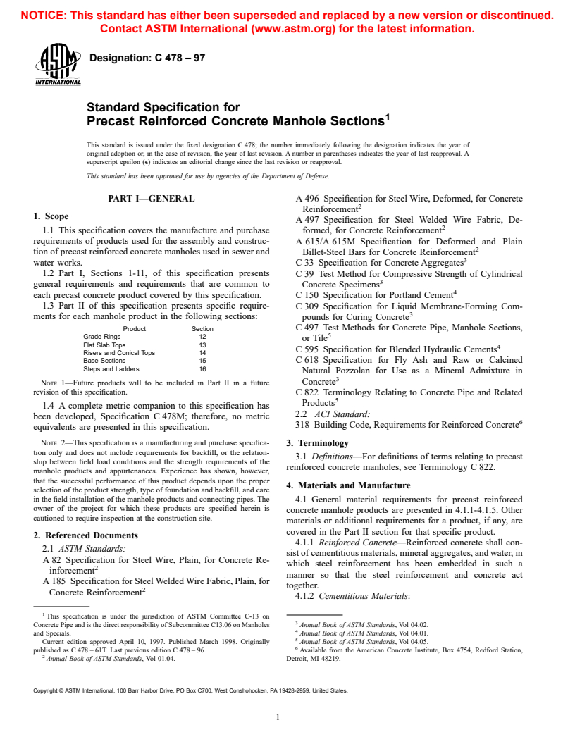 ASTM C478-97 - Standard Specification for Precast Reinforced Concrete Manhole Sections