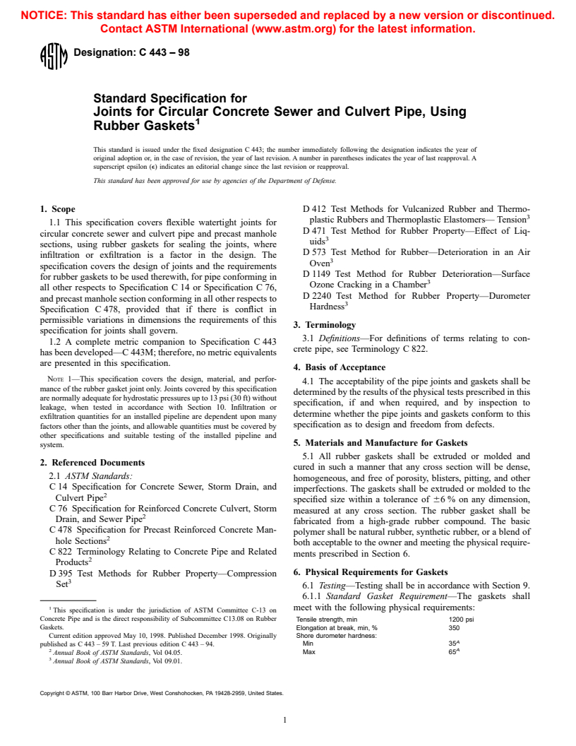 ASTM C443-98 - Standard Specification for Joints for Circular Concrete Sewer and Culvert Pipe, Using Rubber Gaskets