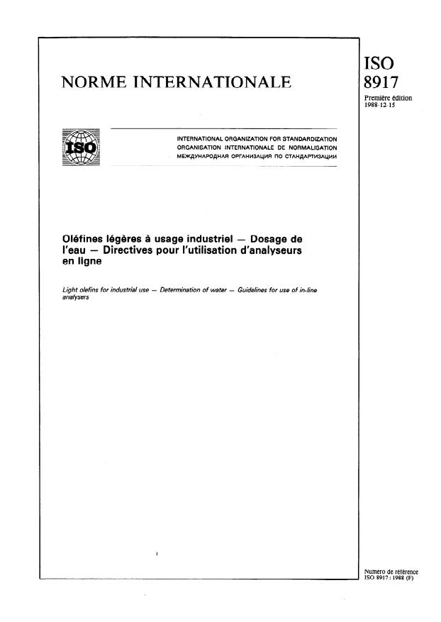 ISO 8917:1988 - Oléfines légeres a usage industriel -- Dosage de l'eau -- Directives pour l'utilisation d'analyseurs en ligne