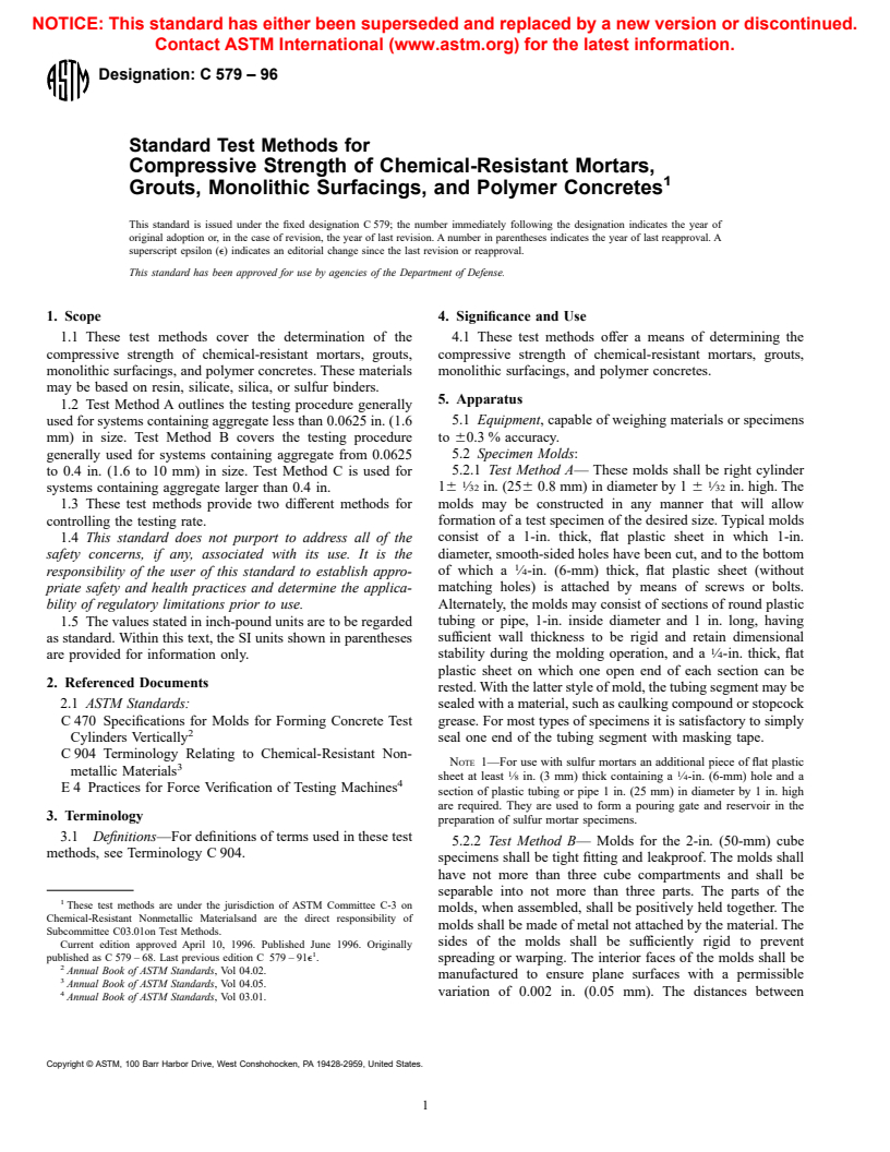 ASTM C579-96 - Standard Test Methods for Compressive Strength of Chemical-Resistant Mortars, Grouts, Monolithic Surfacings and Polymer Concretes