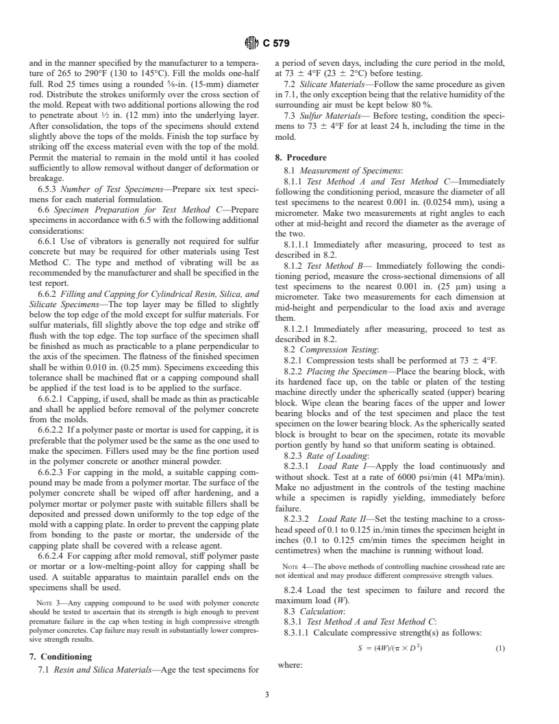 ASTM C579-96 - Standard Test Methods for Compressive Strength of Chemical-Resistant Mortars, Grouts, Monolithic Surfacings and Polymer Concretes