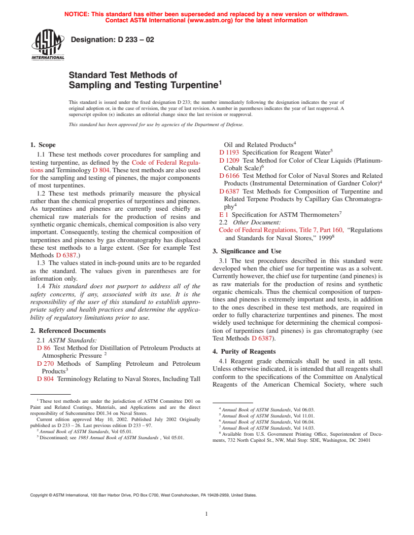 ASTM D233-02 - Standard Test Methods of Sampling and Testing Turpentine