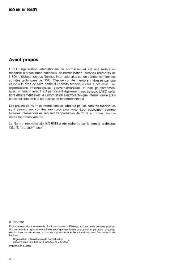 ISO 8918:1996 ISO 8918:1996 - Spaths fluor -- Qualités techniques -- Composition chimique et caractéristiques physiques - Page 2 preview