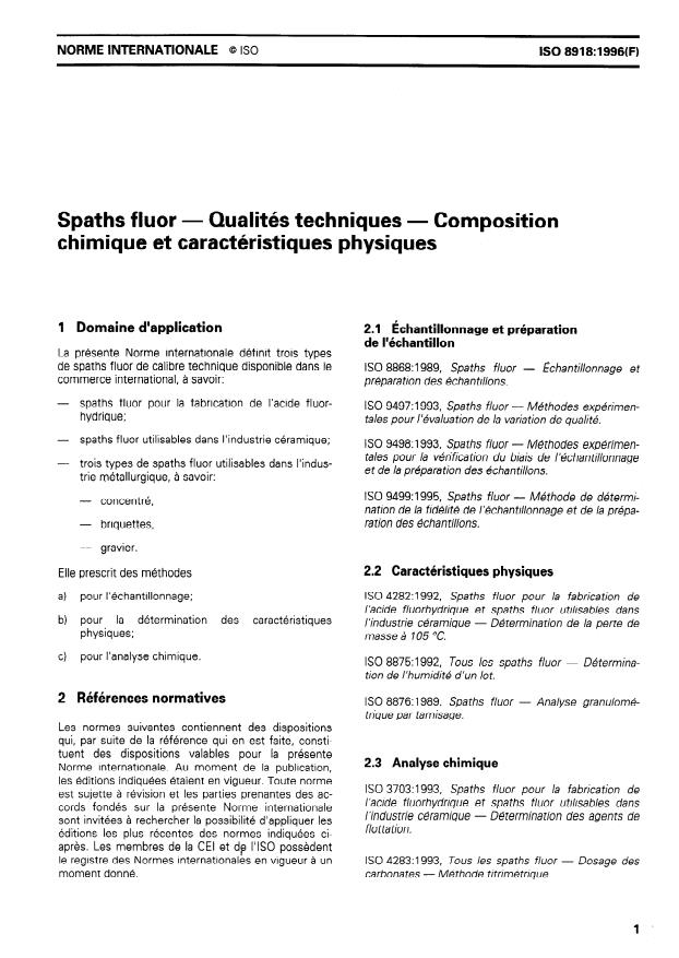 ISO 8918:1996 - Spaths fluor -- Qualités techniques -- Composition chimique et caractéristiques physiques