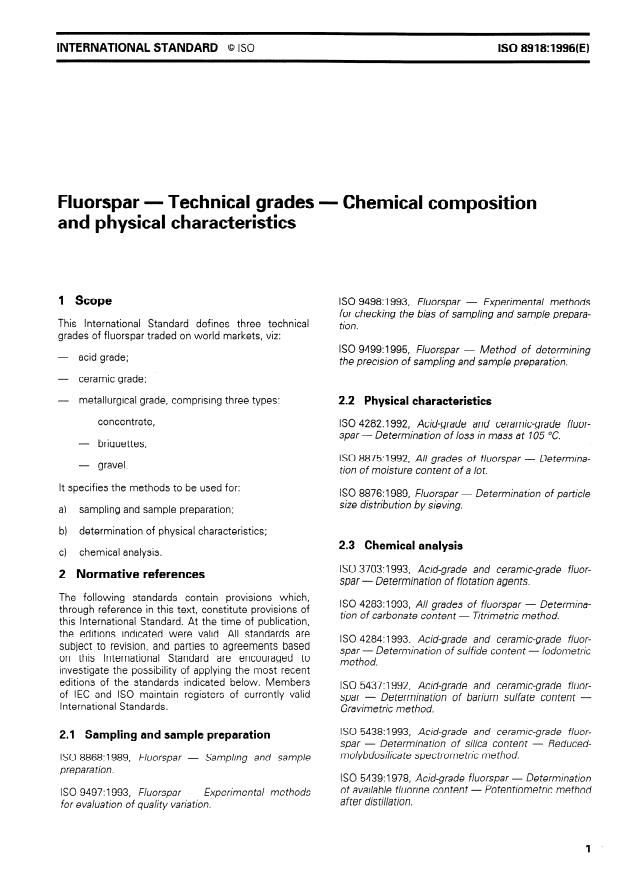 ISO 8918:1996 - Fluorspar -- Technical grades -- Chemical composition and physical characteristics