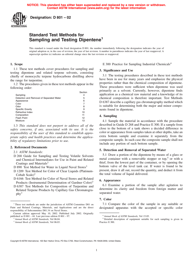 ASTM D801-02 - Standard Test Methods for Sampling and Testing Dipentene