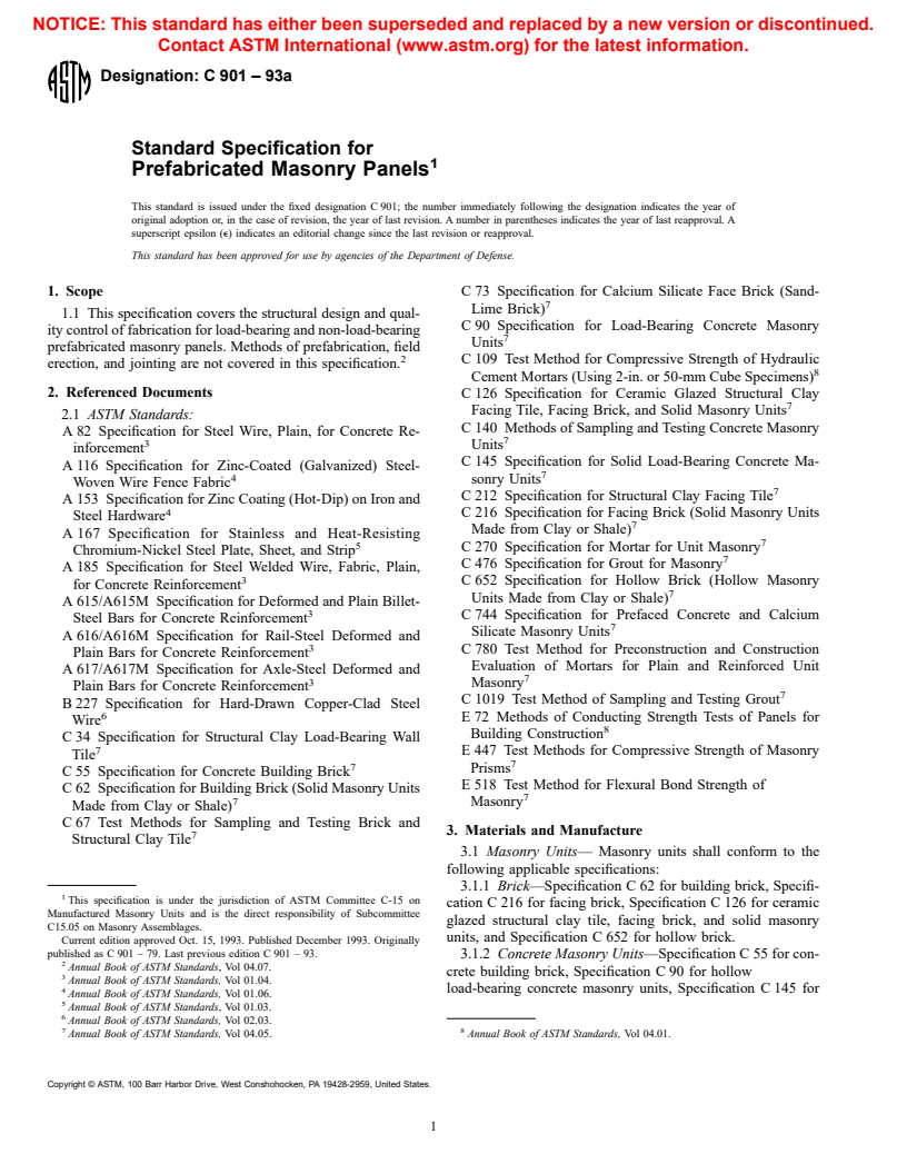 ASTM C901-93a - Standard Specification for Prefabricated Masonry Panels