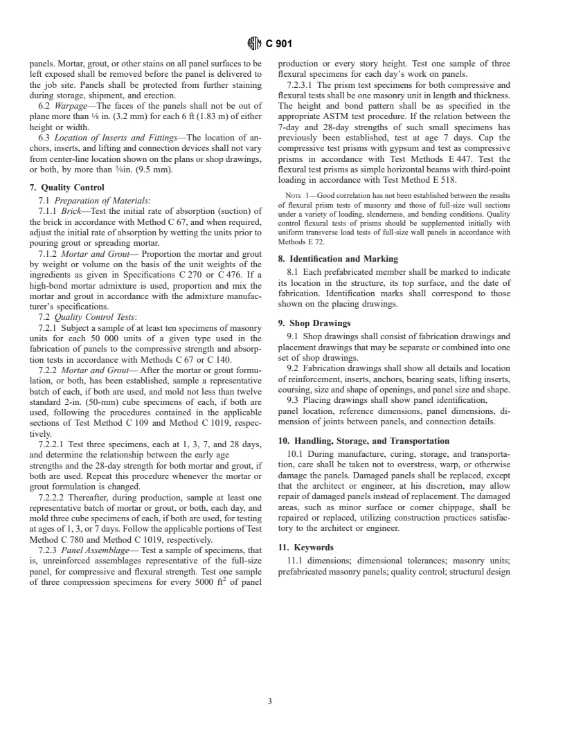 ASTM C901-93a - Standard Specification for Prefabricated Masonry Panels