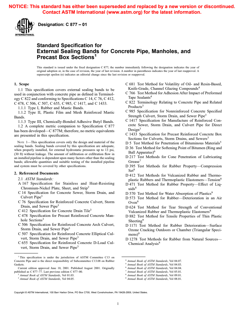 ASTM C877-01 - Standard Specification for External Sealing Bands for Concrete Pipe, Manholes, and Precast Box Sections