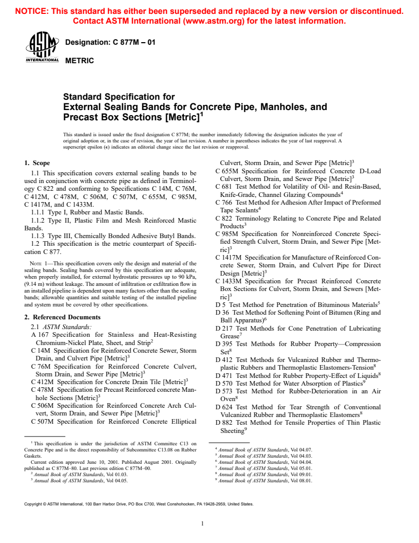 ASTM C877M-01 - Standard Specification for External Sealing Bands for Concrete Pipe, Manholes, and Precast Box Sections (Metric)