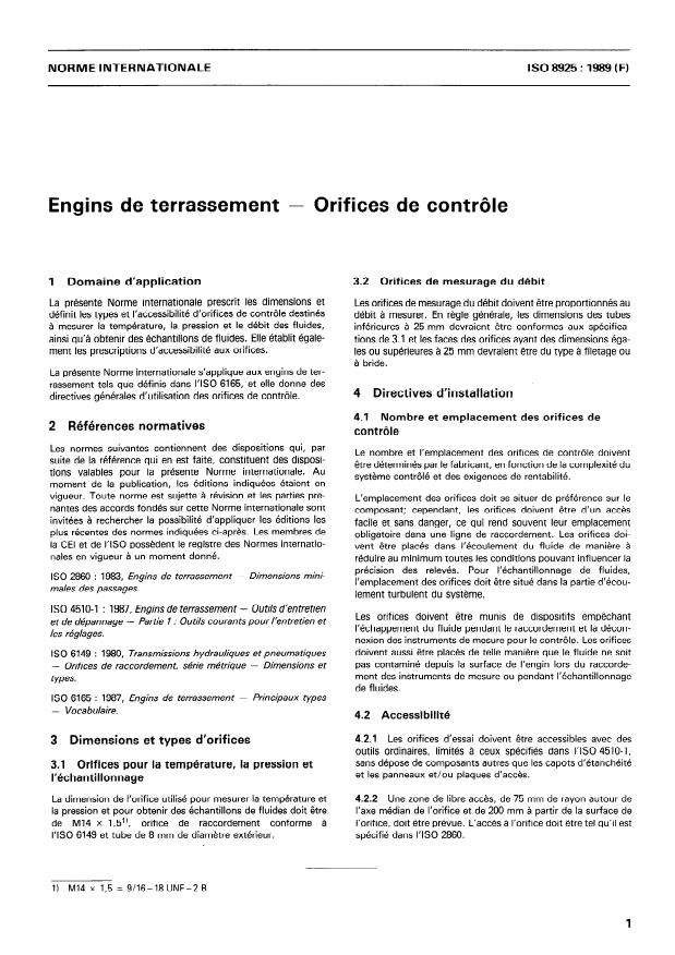 ISO 8925:1989 - Engins de terrassement -- Orifices de contrôle