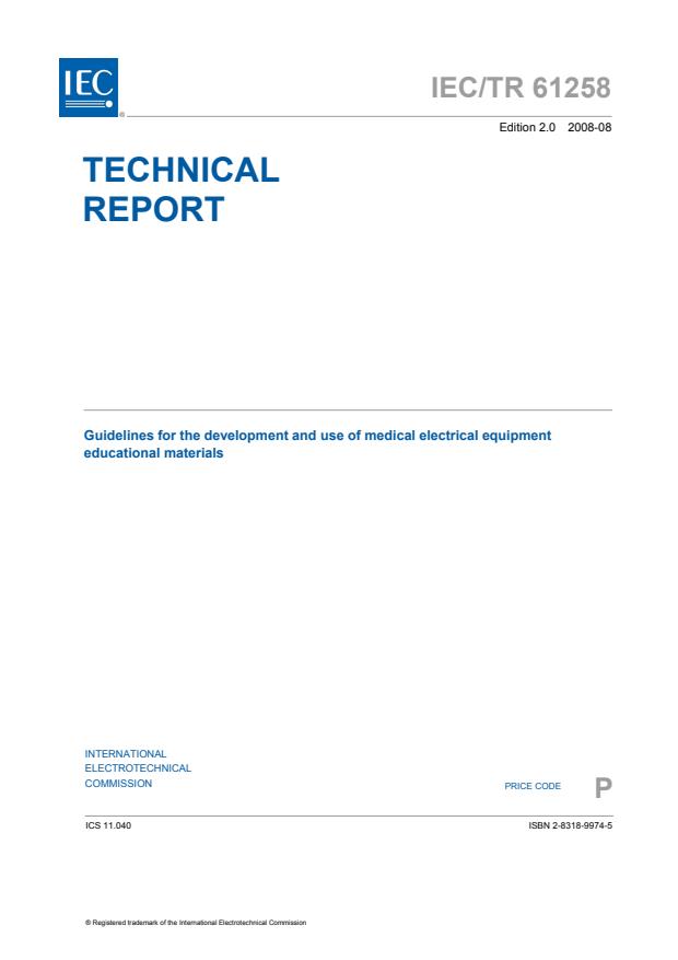 IEC TR 61258:2008 - Guidelines for the development and use of medical electrical equipment educational materials