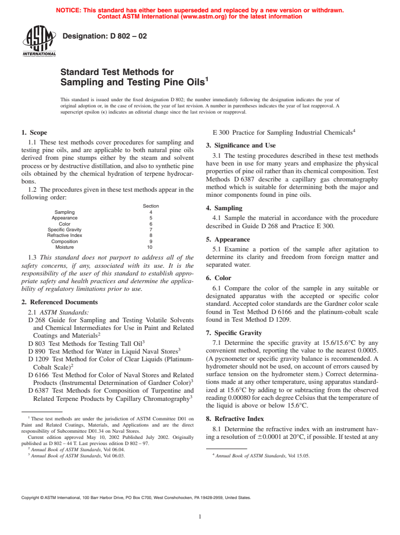 ASTM D802-02 - Standard Test Methods for Sampling and Testing Pine Oils