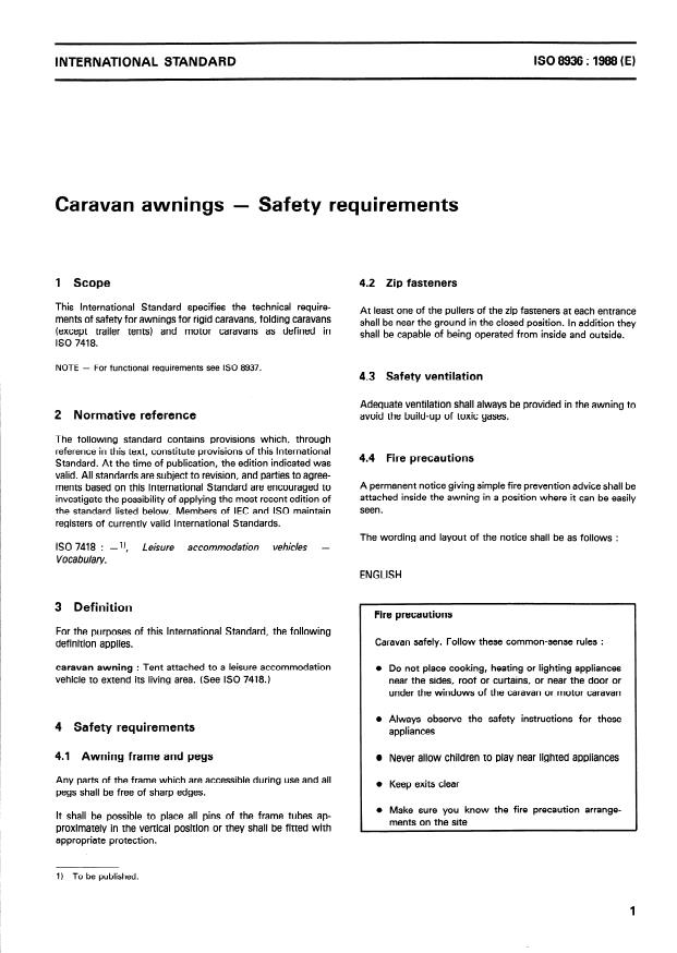 ISO 8936:1988 - Caravan awnings -- Safety requirements
