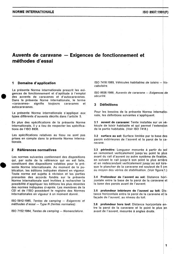 ISO 8937:1991 - Auvents de caravane -- Exigences de fonctionnement et méthodes d'essai