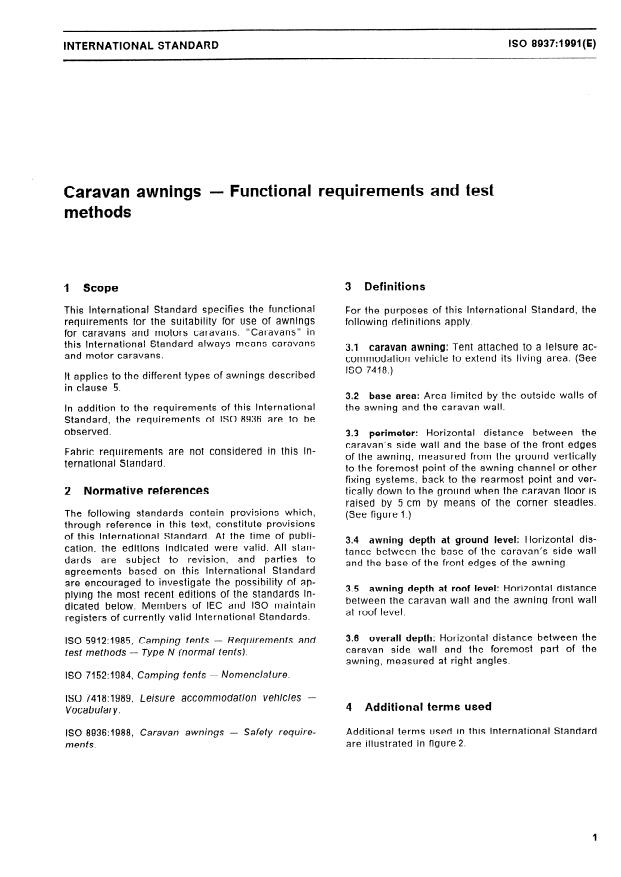 ISO 8937:1991 - Caravan awnings -- Functional requirements and test methods