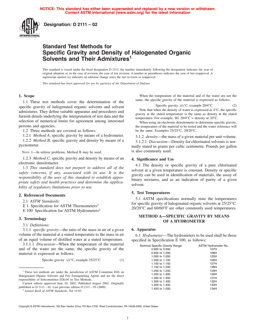 ASTM D2111-02 - Standard Test Methods for Specific Gravity and Density of Halogenated Organic Solvents and Their Admixtures