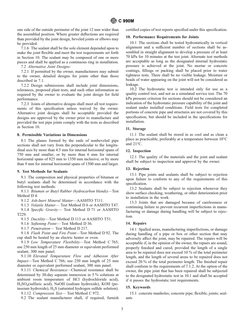 ASTM C990M-01 - Standard Specification for Joints for Concrete Pipe, Manholes, and Precast Box Sections Using Preformed Flexible Joint Sealants (Metric)