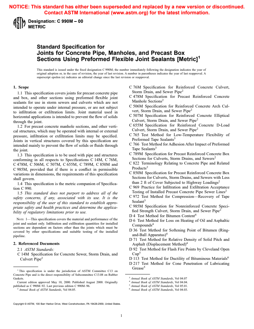 ASTM C990M-00 - Standard Specification for Joints for Concrete Pipe, Manholes, and Precast Box Sections Using Preformed Flexible Joint Sealants (Metric)