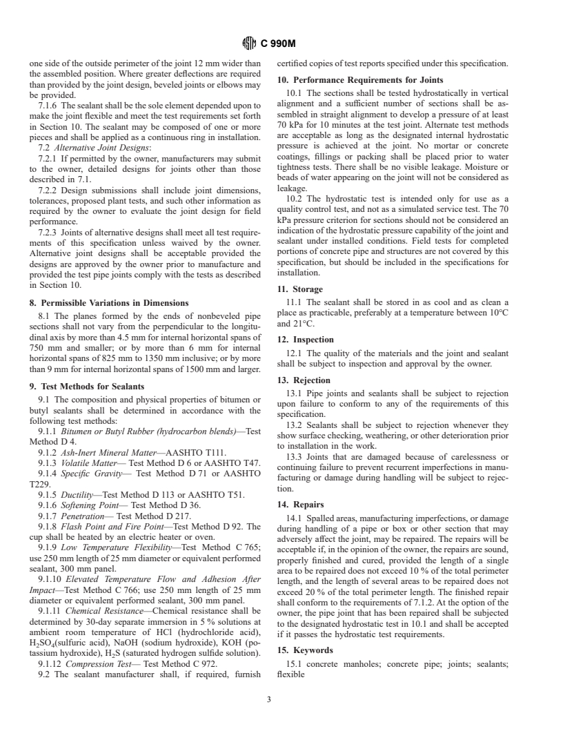 ASTM C990M-00 - Standard Specification for Joints for Concrete Pipe, Manholes, and Precast Box Sections Using Preformed Flexible Joint Sealants (Metric)