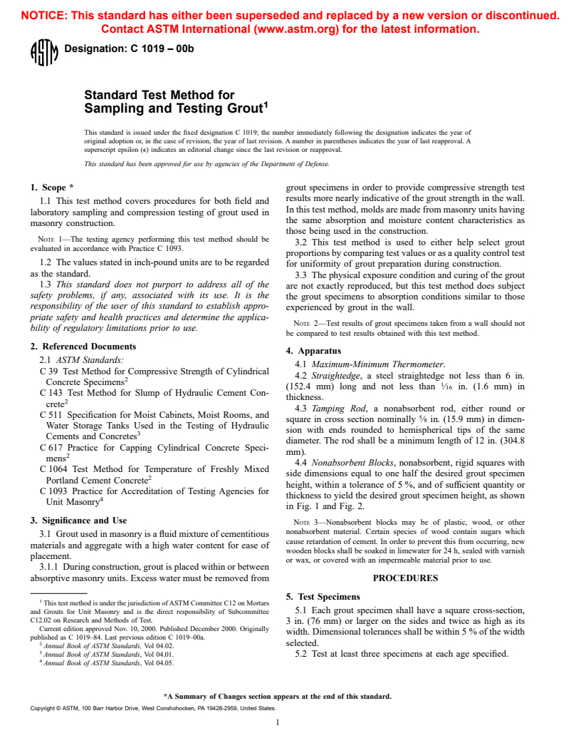 ASTM C1019-00b - Standard Test Method for Sampling and Testing Grout