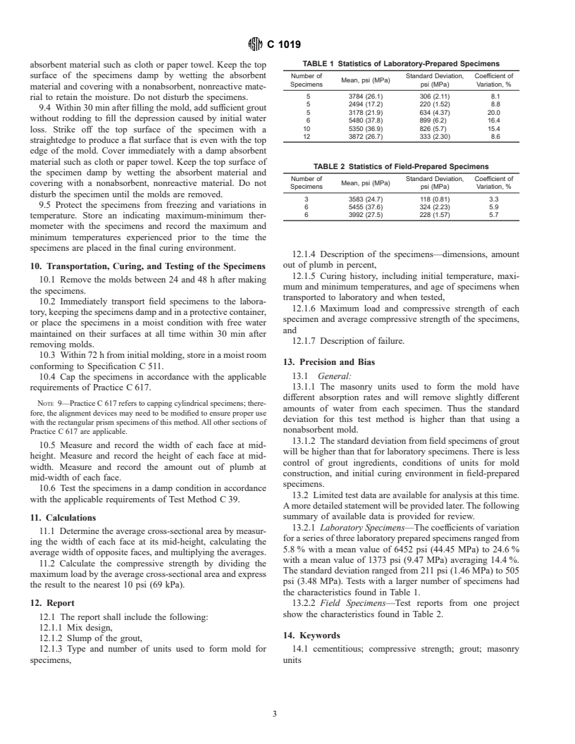 ASTM C1019-00b - Standard Test Method for Sampling and Testing Grout