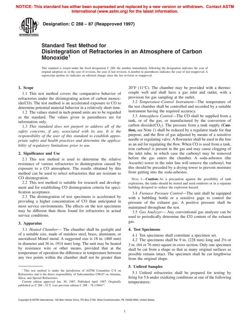 ASTM C288-87(1997) - Standard Test Method for Disintegration of Refractories in an Atmosphere of Carbon Monoxide