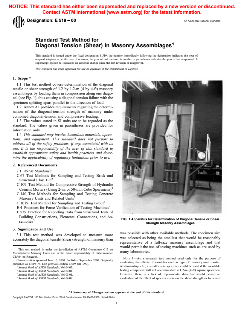 ASTM E519-00 - Standard Test Method for Diagonal Tension (Shear) in Masonry Assemblages