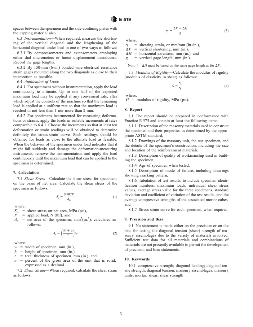 ASTM E519-00 - Standard Test Method for Diagonal Tension (Shear) in Masonry Assemblages