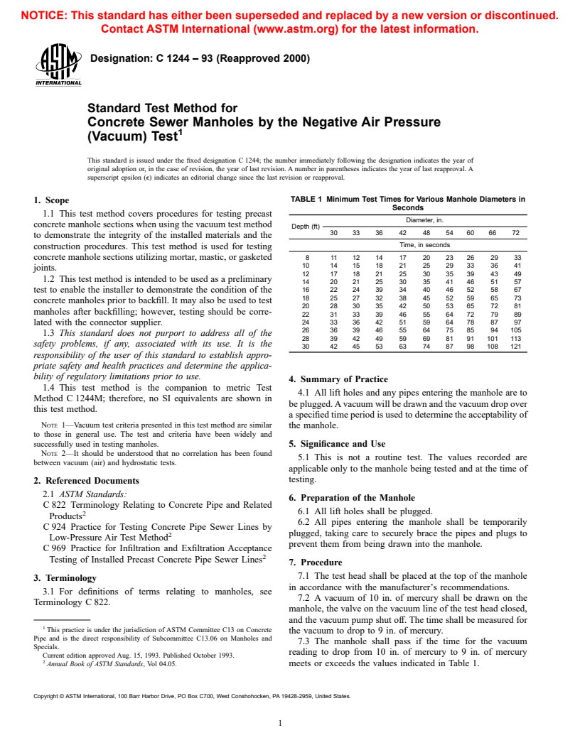 ASTM C1244-93(2000) - Standard Test Method for Concrete Sewer Manholes by the Negative Air Pressure (Vacuum) Test Prior to Backfill