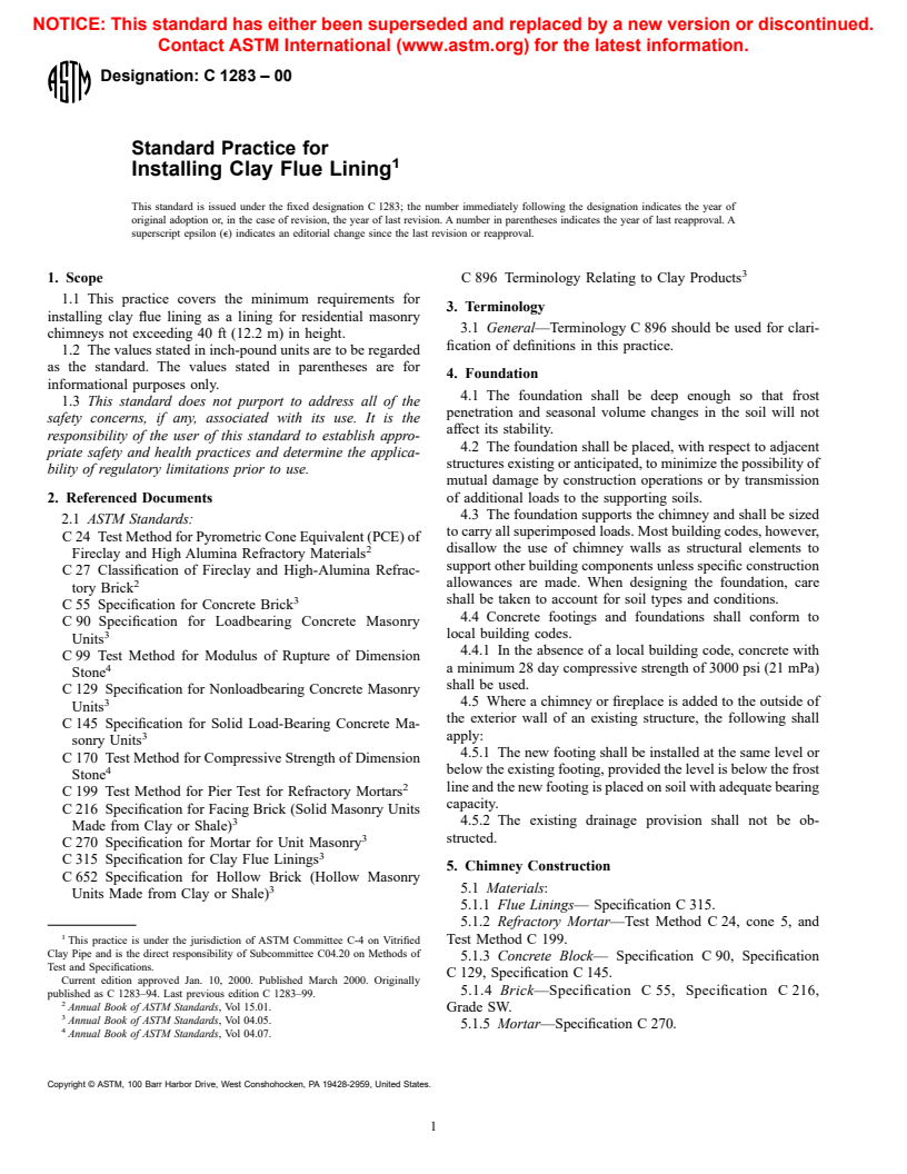 ASTM C1283-00 - Standard Practice for Installing Clay Flue Lining