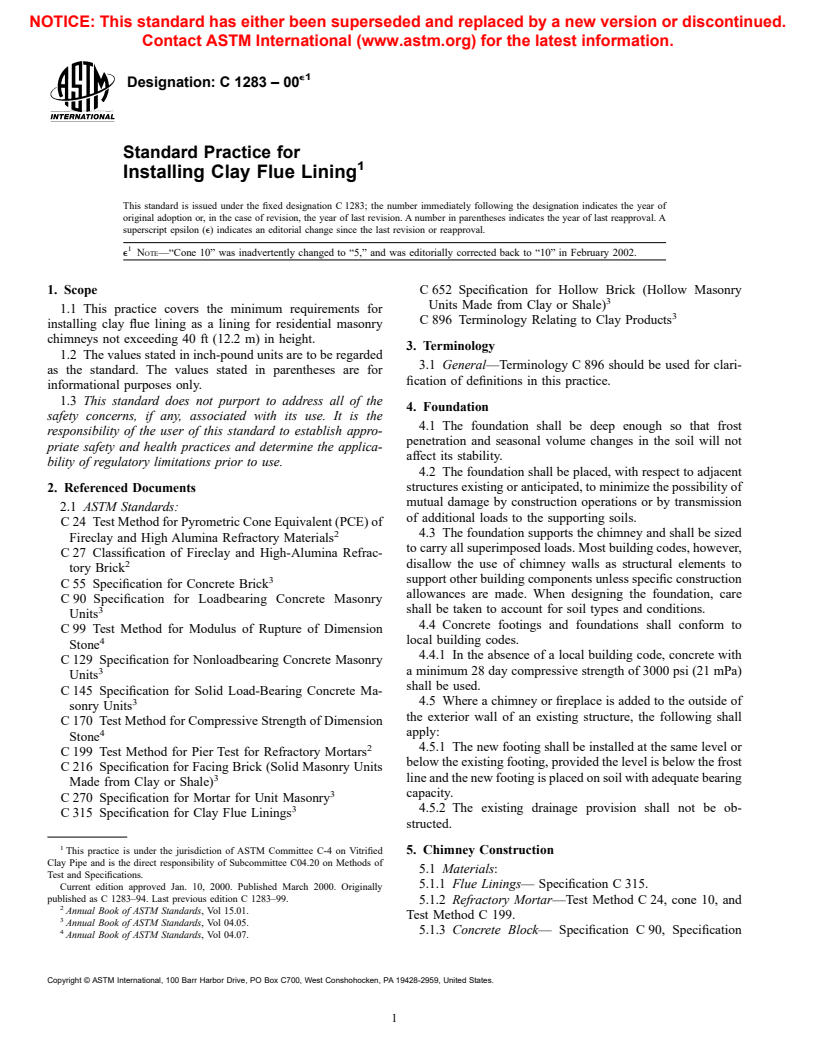 ASTM C1283-00e1 - Standard Practice for Installing Clay Flue Lining