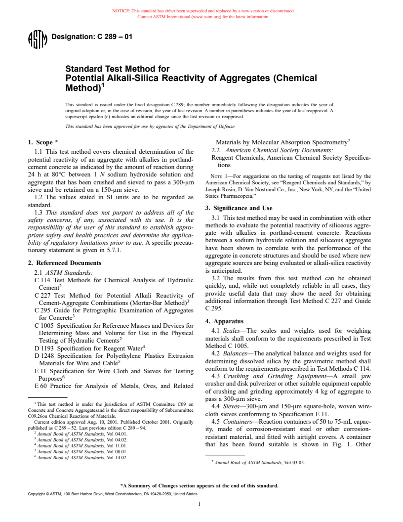 ASTM C289-01 - Standard Test Method for Potential Alkali-Silica Reactivity of Aggregates (Chemical Method)