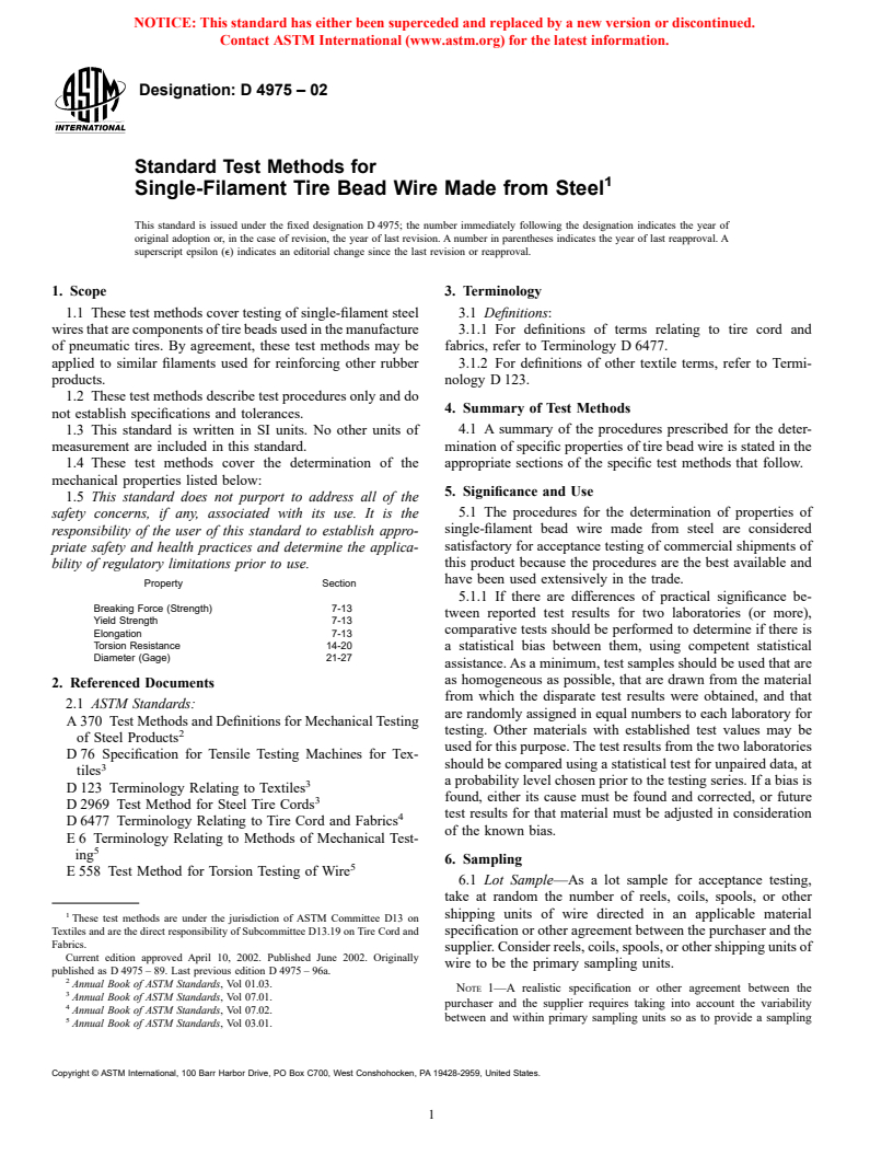 ASTM D4975-02 - Standard Test Methods for Single-Filament Tire Bead Wire Made from Steel