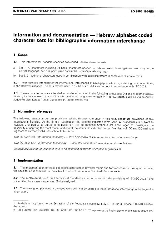 ISO 8957:1996 - Information and documentation -- Hebrew alphabet coded character sets for bibliographic information interchange