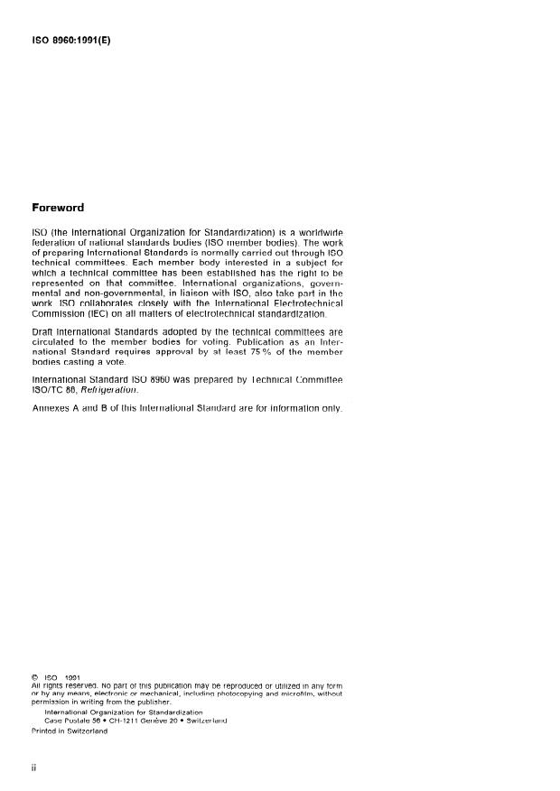 ISO 8960:1991 ISO 8960:1991 - Refrigerators, frozen-food storage cabinets and food freezers for household and similar use -- Measurement of emission of airborne acoustical noise - Page 2 preview