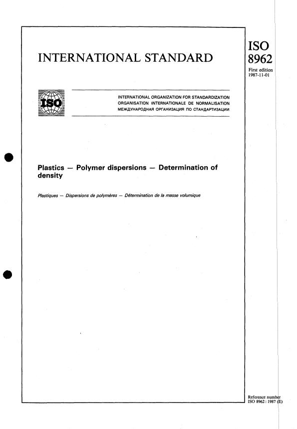 ISO 8962:1987 - Plastics -- Polymer dispersions -- Determination of density