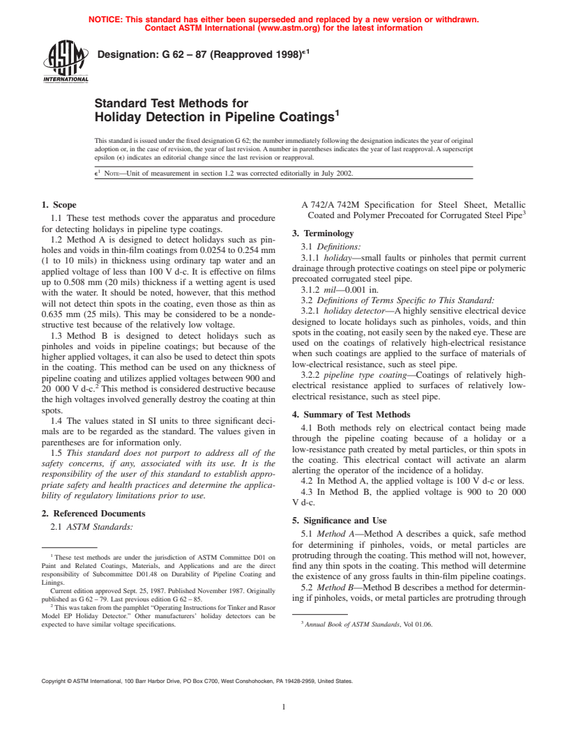 ASTM G62-87(1998)e1 - Standard Test Methods for Holiday Detection in Pipeline Coatings (Withdrawn 2007)