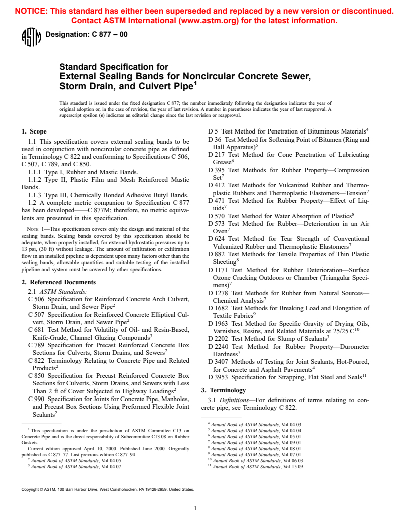 ASTM C877-00 - Standard Specification for External Sealing Bands for Concrete Pipe, Manholes, and Precast Box Sections