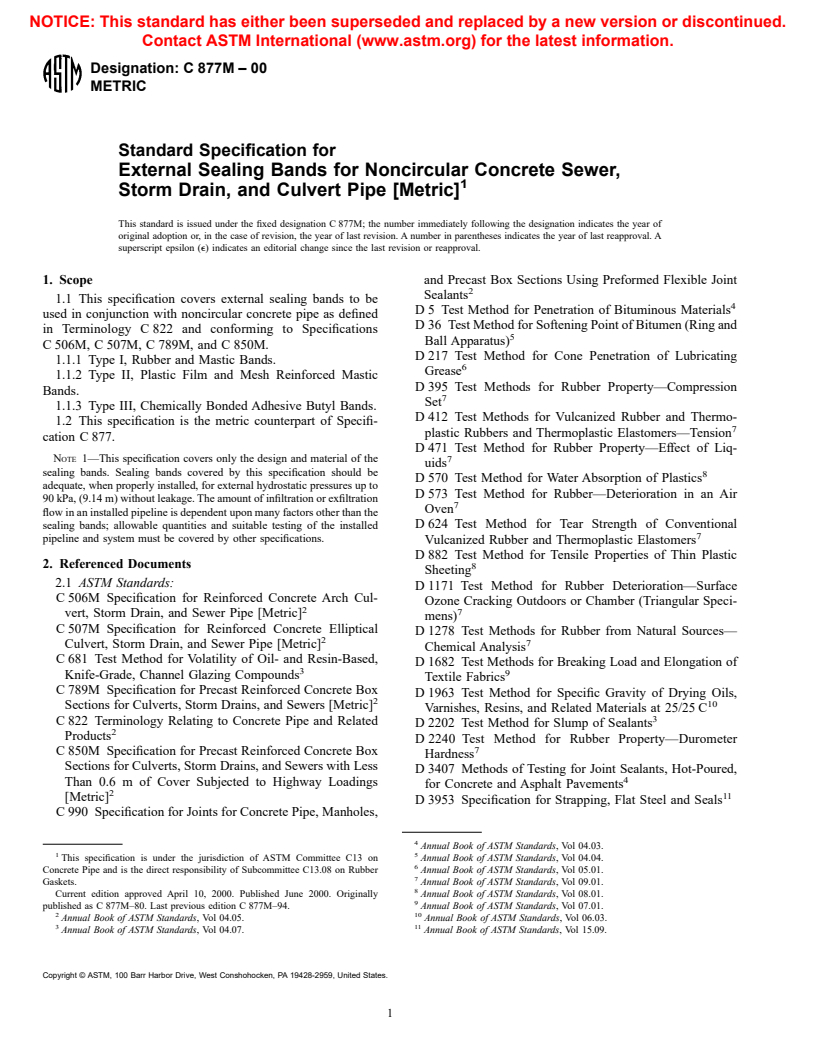 ASTM C877M-00 - Standard Specification for External Sealing Bands for Concrete Pipe, Manholes, and Precast Box Sections (Metric)