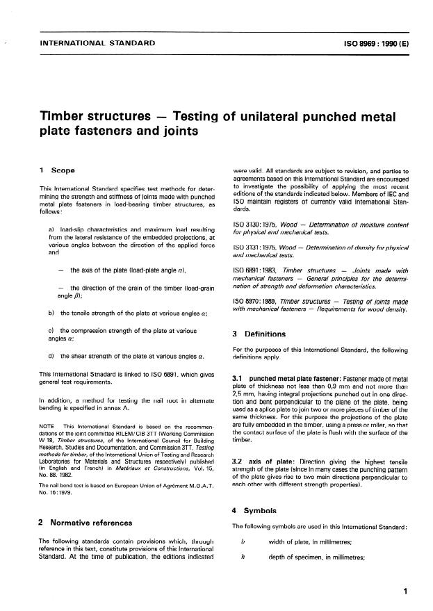 ISO 8969:1990 - Timber structures -- Testing of unilateral punched metal plate fasterners and joints